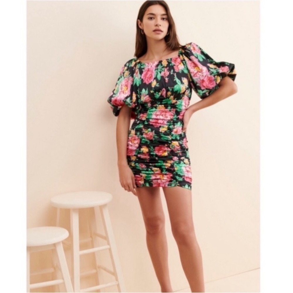 NWT For Love and Lemons Jolie Floral Ruched Puff Sleeve Mini Dress size XS - Picture 6 of 11